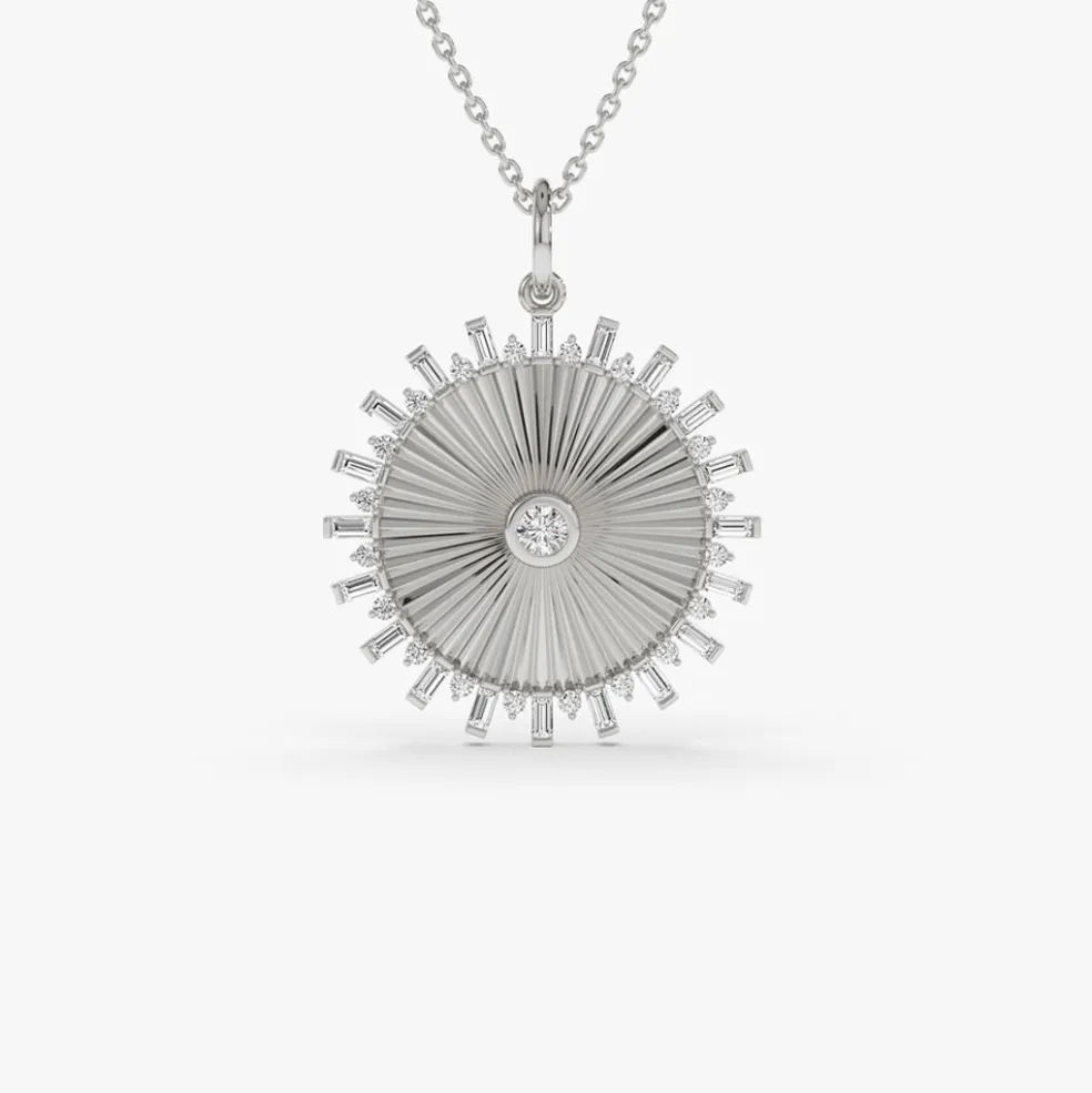 14k Baguette and Round Diamond Disc Ray Necklace