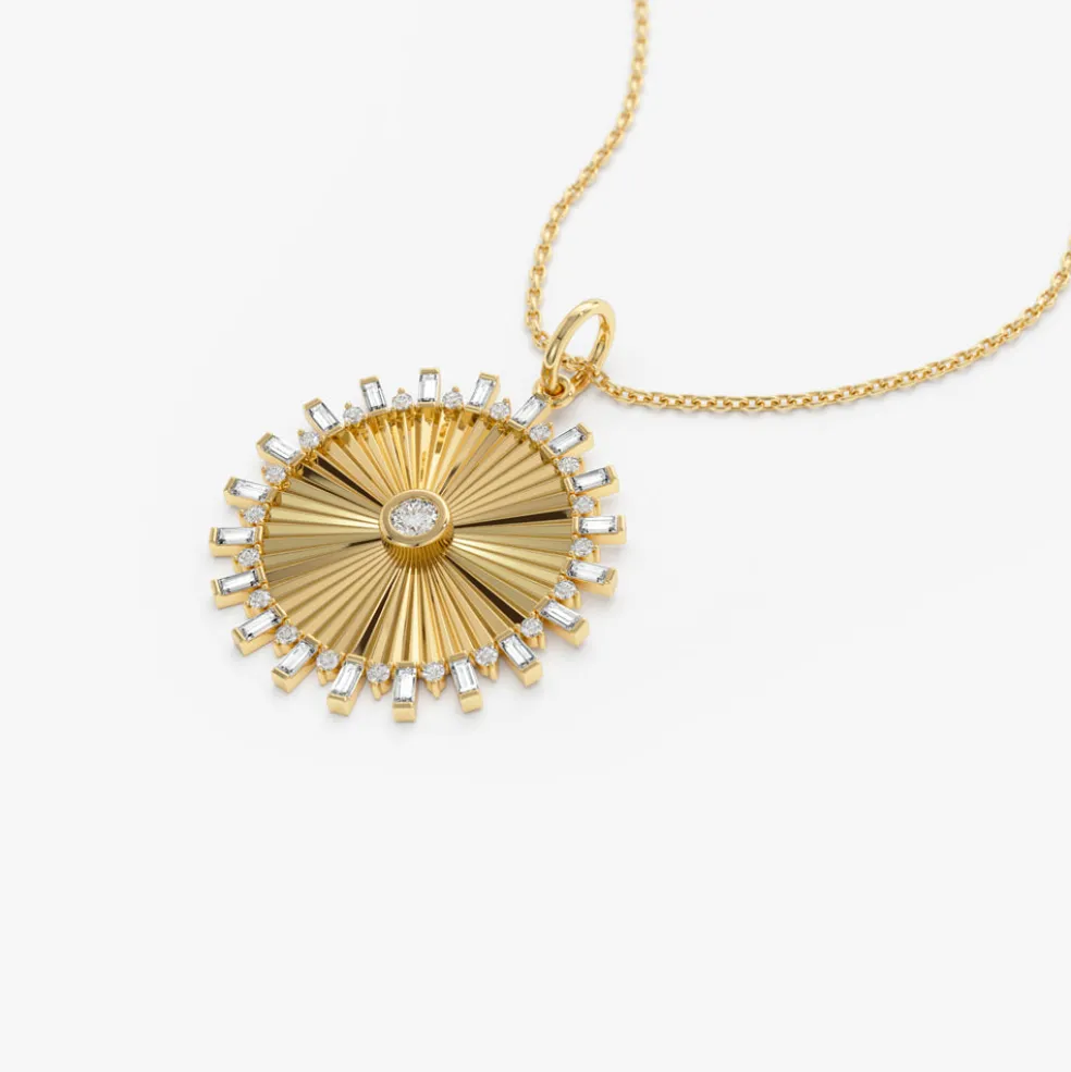 14k Baguette and Round Diamond Disc Ray Necklace