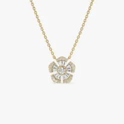 14k Baguette and Round Diamond Flower Necklace