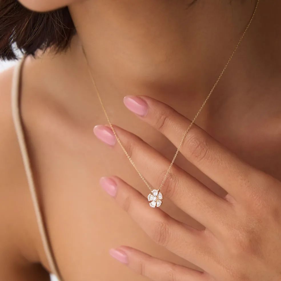 14k Baguette and Round Diamond Flower Necklace