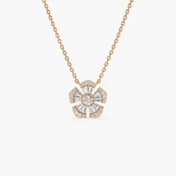 14k Baguette and Round Diamond Flower Necklace