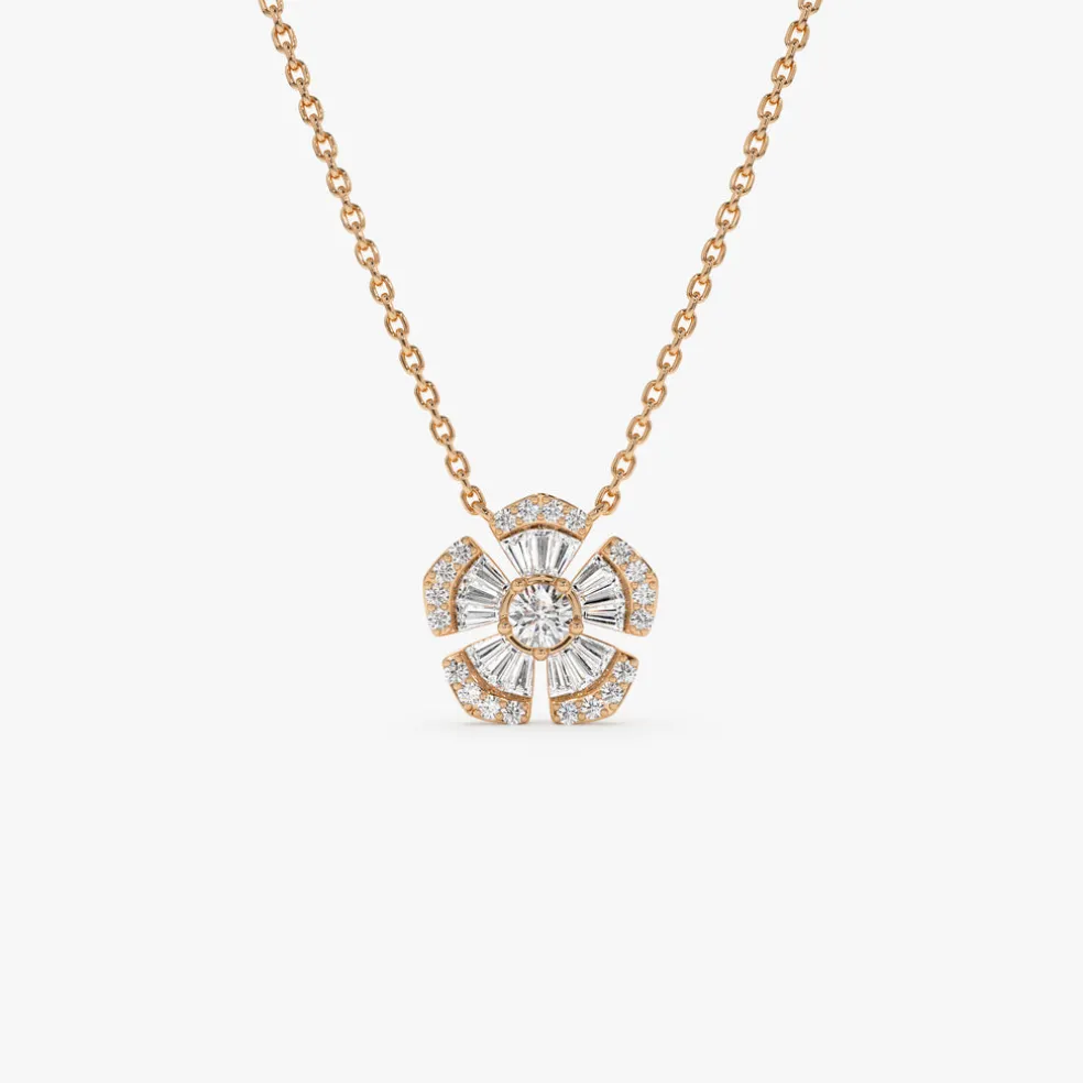 14k Baguette and Round Diamond Flower Necklace