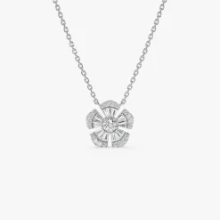 14k Baguette and Round Diamond Flower Necklace