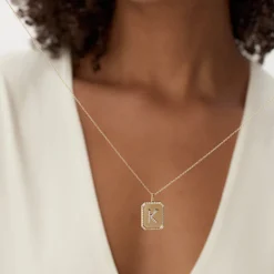 14k Baguette and Round Diamond Tag Initial Necklace