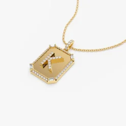 14k Baguette and Round Diamond Tag Initial Necklace