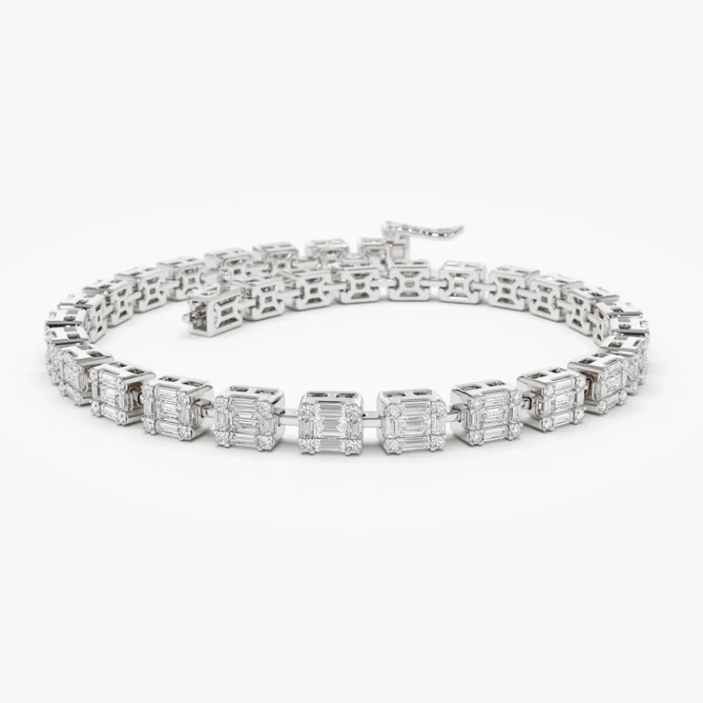 14K Baguette and Round Diamond Illusion Setting Tennis Bracelet