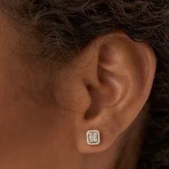 14k Baguette and Round Diamond Studs Halo Setting