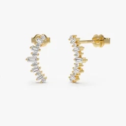 14k Baguette and Round Diamond Ear Crawler Earrings