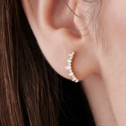 14k Baguette and Round Diamond Ear Crawler Earrings