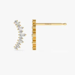 14k Baguette and Round Diamond Ear Crawler Earrings