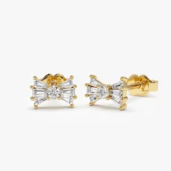 14k Baguette and Round Diamond Bow Stud Earrings