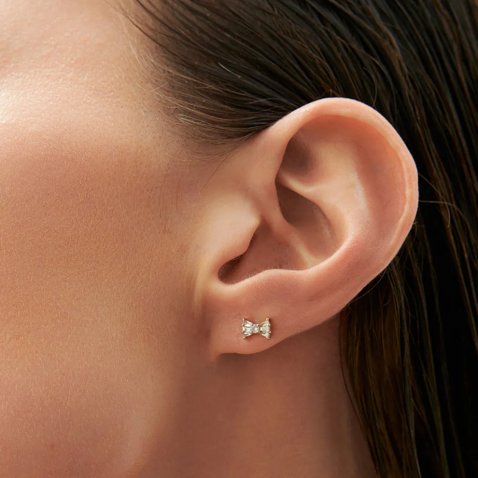 14k Baguette and Round Diamond Bow Stud Earrings