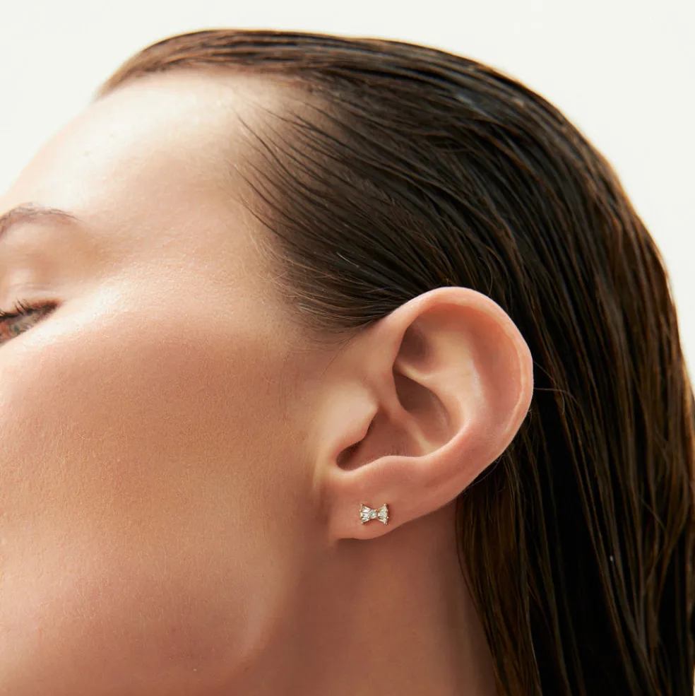 14k Baguette and Round Diamond Bow Stud Earrings