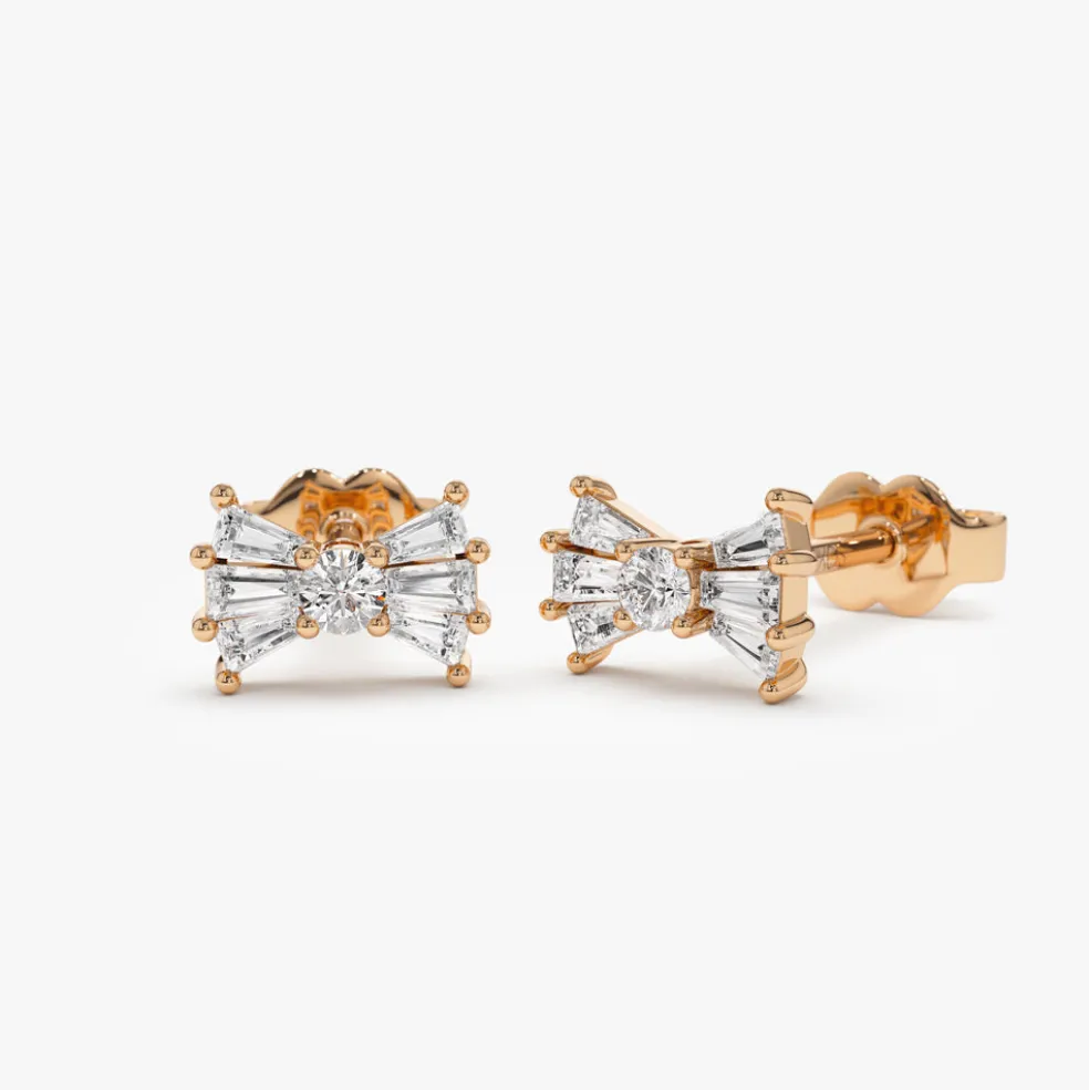 14k Baguette and Round Diamond Bow Stud Earrings
