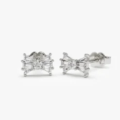 14k Baguette and Round Diamond Bow Stud Earrings