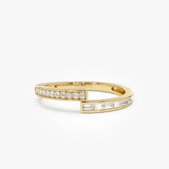 14k Baguette and Round Diamond Crossover Ring