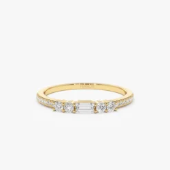 14k Baguette and Round Diamond Dainty Stackable Ring