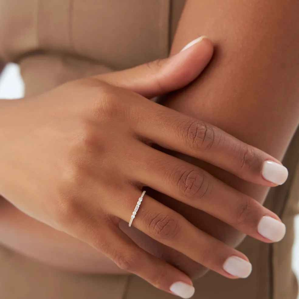 14k Baguette and Round Diamond Dainty Stackable Ring