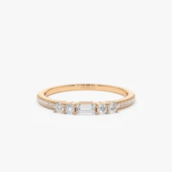 14k Baguette and Round Diamond Dainty Stackable Ring