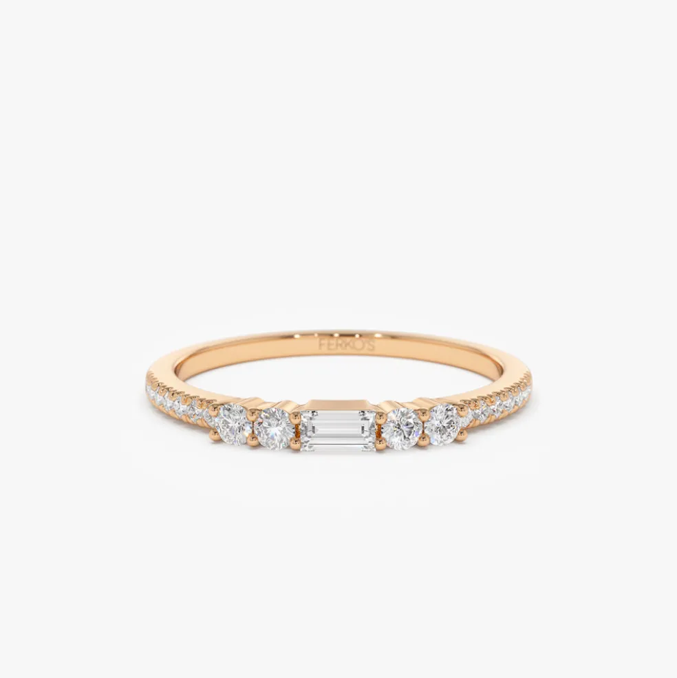 14k Baguette and Round Diamond Dainty Stackable Ring
