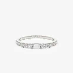14k Baguette and Round Diamond Dainty Stackable Ring