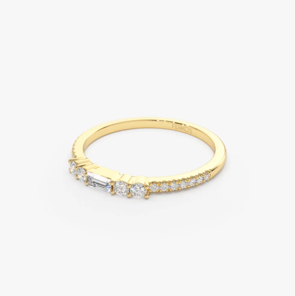 14k Baguette and Round Diamond Dainty Stackable Ring