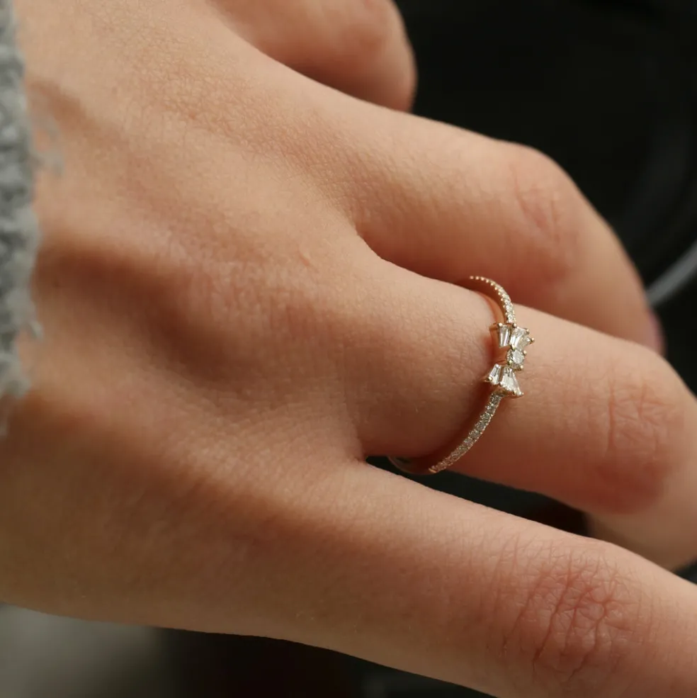 14k Baguette and Round Diamond Bow Ring