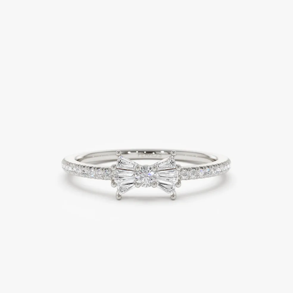 14k Baguette and Round Diamond Bow Ring