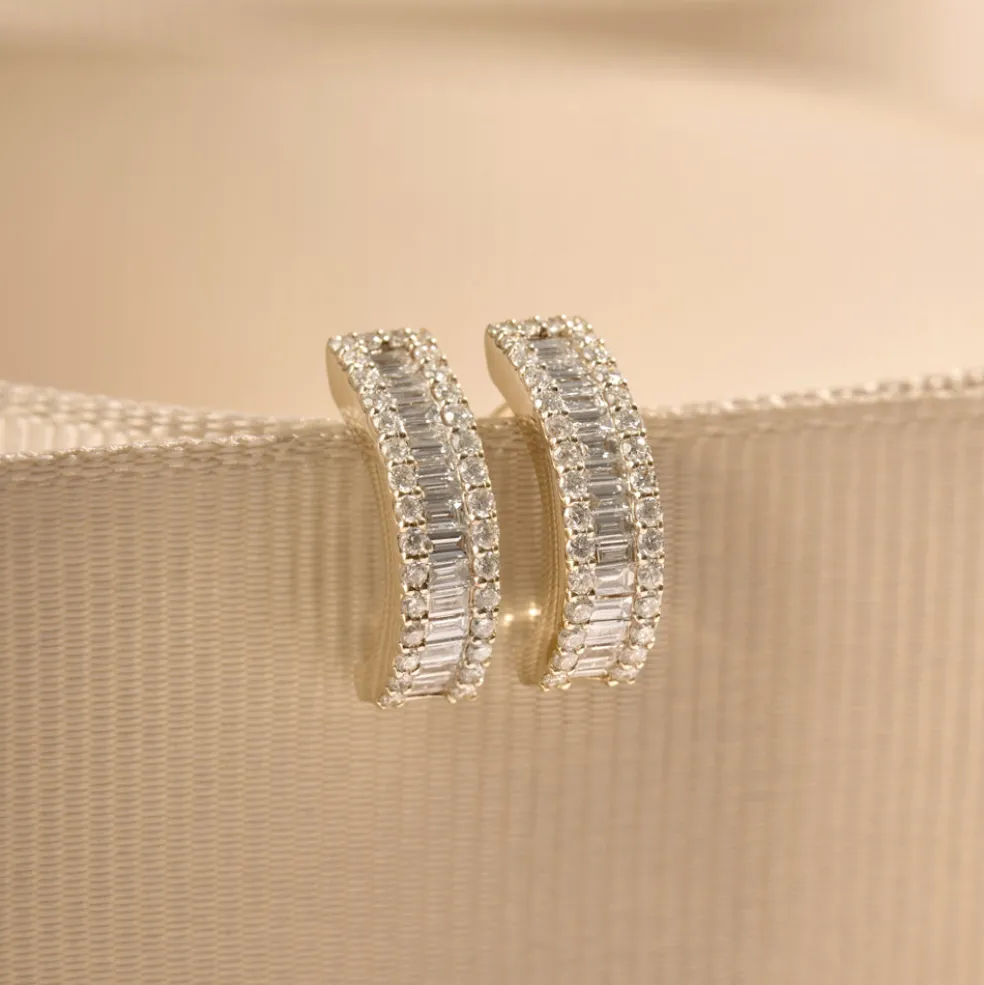 14K Baguette and Round Diamond Micro Pave Earrings