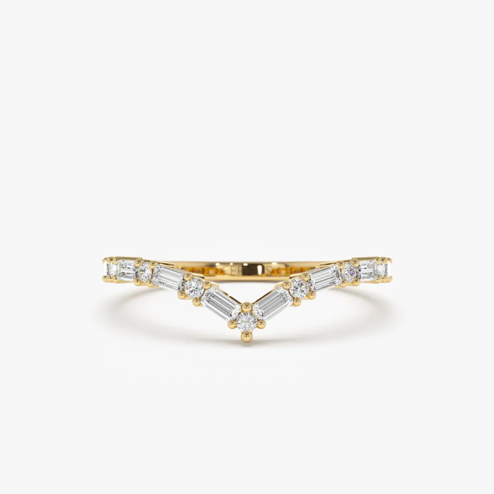 14k Baguette and Round Diamond Chevron Ring