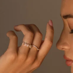 14k Baguette and Round Diamond Chevron Ring