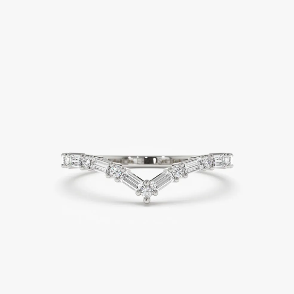 14k Baguette and Round Diamond Chevron Ring