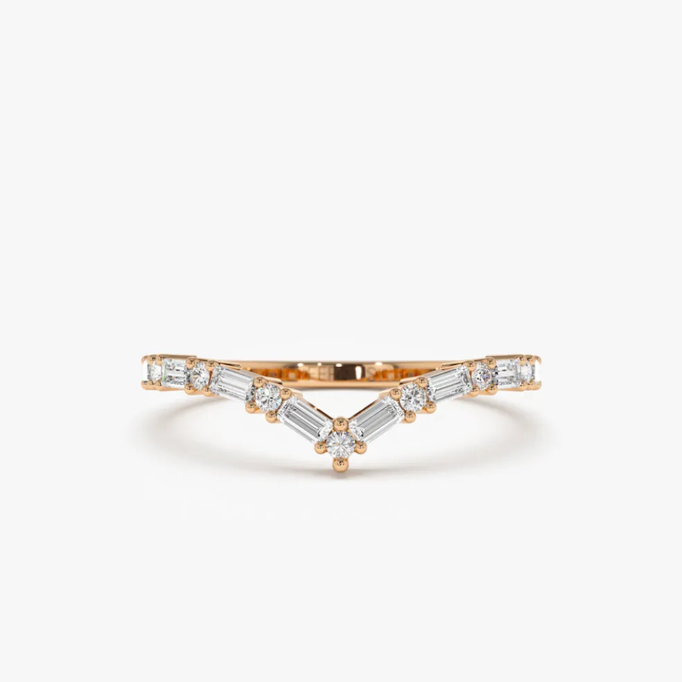 14k Baguette and Round Diamond Chevron Ring