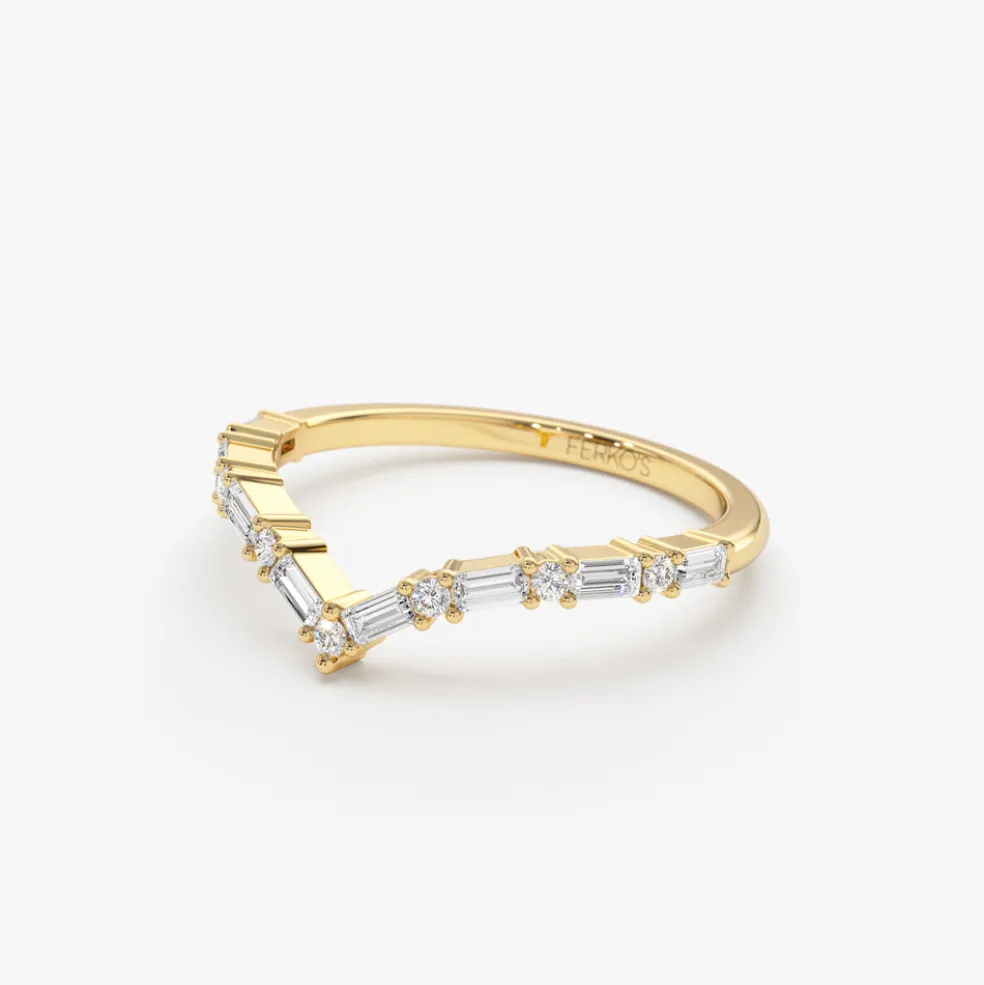 14k Baguette and Round Diamond Chevron Ring