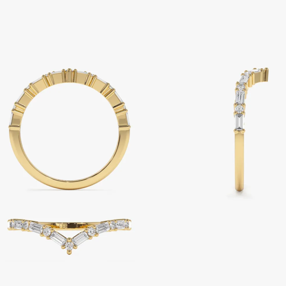 14k Baguette and Round Diamond Chevron Ring