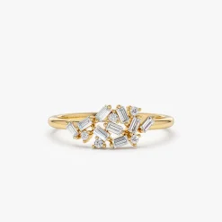14k Baguette and Round Diamond Dainty Cluster Ring
