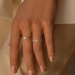 14k Baguette and Round Diamond Dainty Cluster Ring