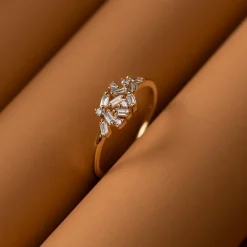 14k Baguette and Round Diamond Dainty Cluster Ring