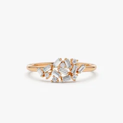 14k Baguette and Round Diamond Dainty Cluster Ring