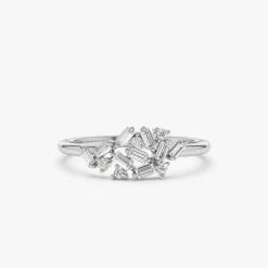 14k Baguette and Round Diamond Dainty Cluster Ring