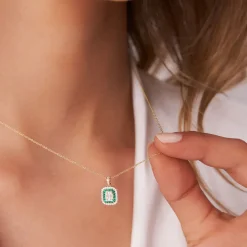 14k Baguette and Round Emerald Necklace with Halo Setting