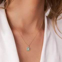 14k Baguette and Round Emerald Necklace with Halo Setting
