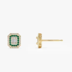14k Baguette and Round Emerald Studs Halo Setting