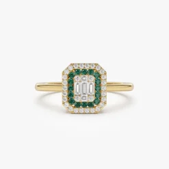 14k Baguette and Round Emerald Ring with Halo Setting