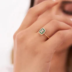 14k Baguette and Round Emerald Ring with Halo Setting