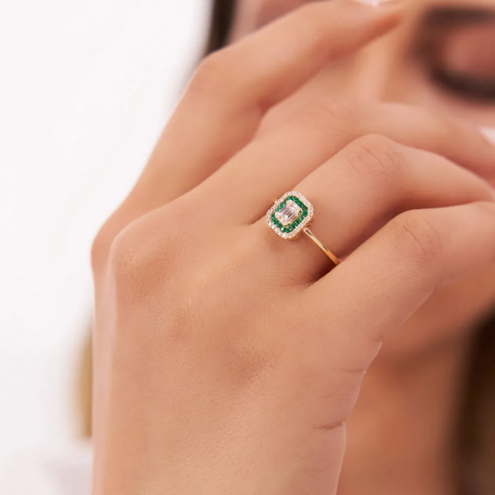 14k Baguette and Round Emerald Ring with Halo Setting