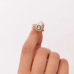 14k Baguette and Round Emerald Ring with Halo Setting