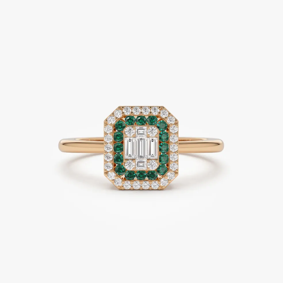 14k Baguette and Round Emerald Ring with Halo Setting