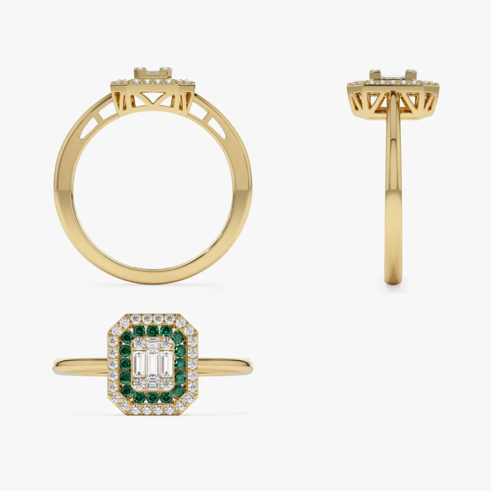 14k Baguette and Round Emerald Ring with Halo Setting