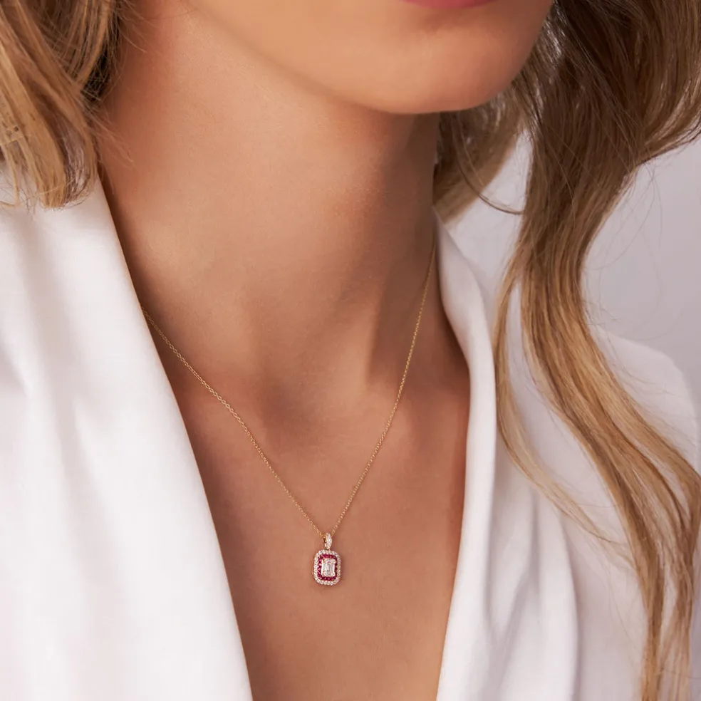 14k Baguette and Round Ruby Necklace with Halo Setting